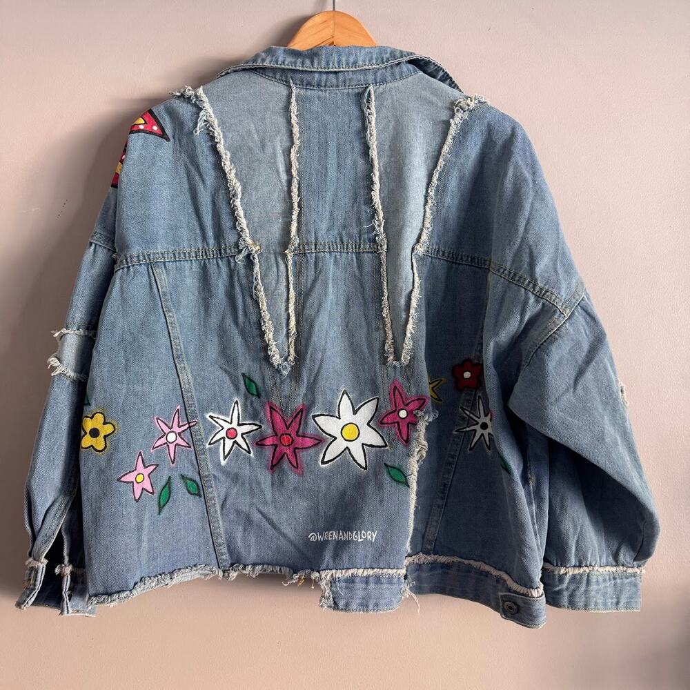Wren and Glory Hand Painted Floral Denim Jean Jacket Monogrammed Custom - Picture 7 of 7